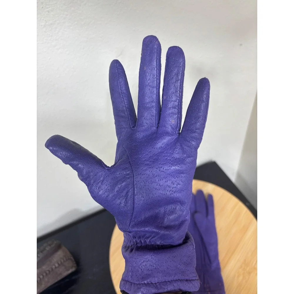Fownes Gloves 6.5 Vintage Genuine Leather Purple Knit Lined Stitched Detail